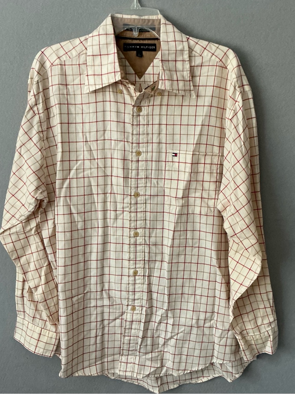 VTG Tommy Hilifiger Plaid Button Down Shirt Men L Beige Grid Check Long Sleeve